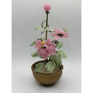 Vintage 8" Chinese China Pink Chrysanthemum Jade Mineral Glass Flower Figurine